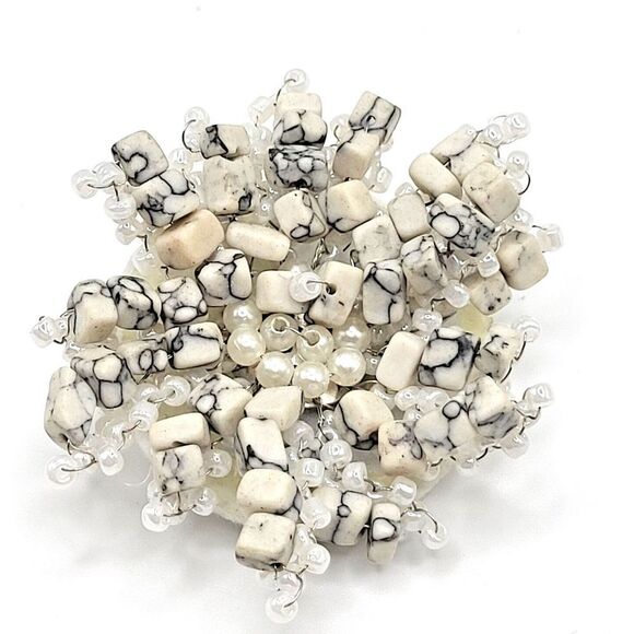 Abstract Marble & Faux Pearl Floral Unique Pin Brooch 2.5in - Picture 1 of 2